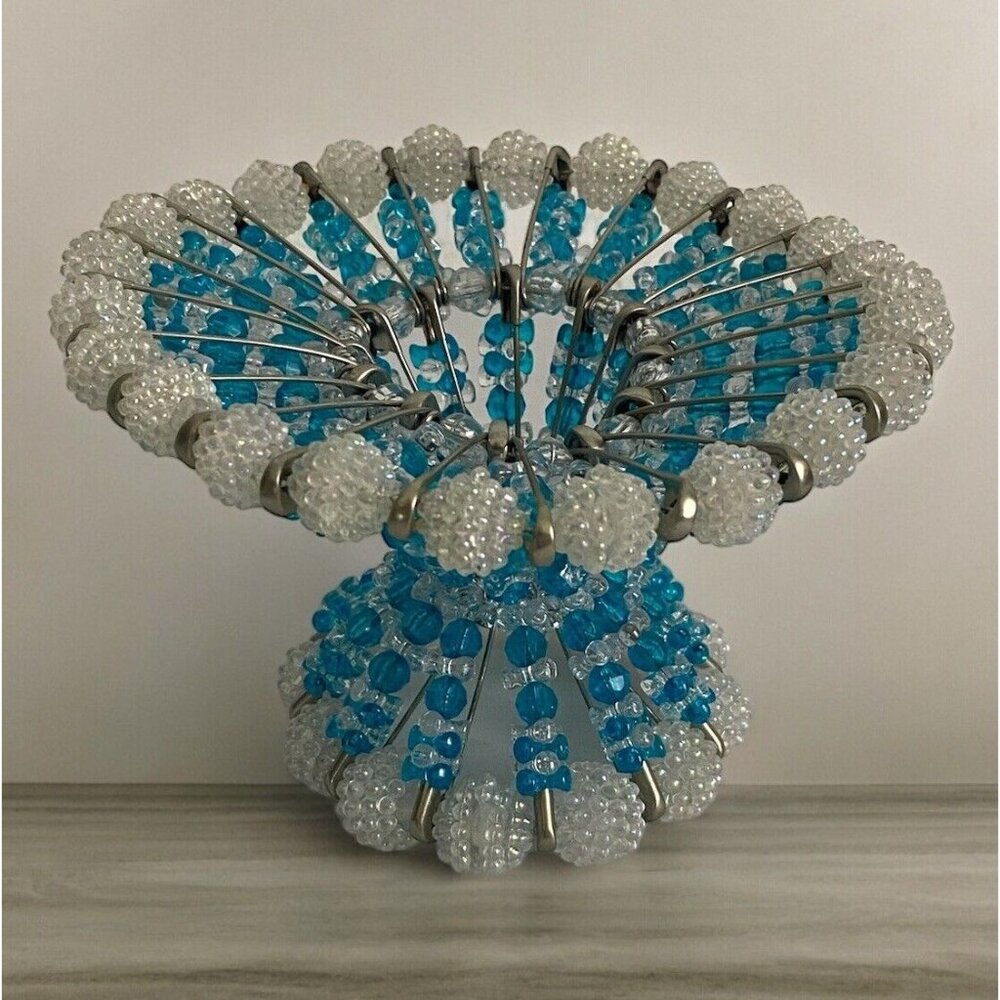 Vintage Mid Century Safety Pin Basket and Beads Blue & Clear Beads 4" Tall